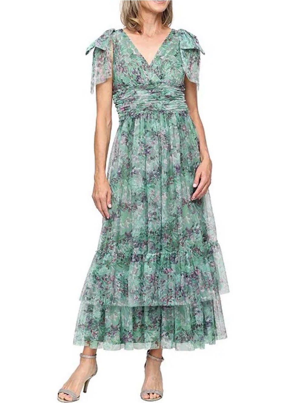 Floral Green V-Neck Ruffled Two Tiered Midi Dress